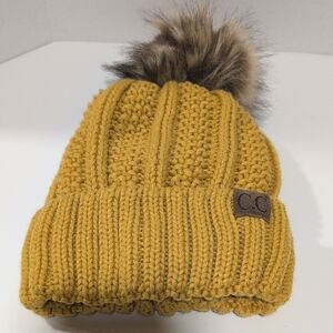 Woman's C.C Yellow Knit Beanie with Faux Fur Pom